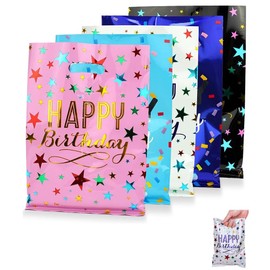 Walquicks 50Pcs Plastic aluminum foil Party Favor Bags, 5 Colors Durable Return Gift Bags thicker gift bags with handles for Party Favor Treat Goodie Storage Bags Bulk Grocery Bags