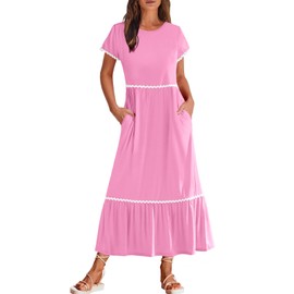 MEROKEETY Women's Short Sleeve Round Neck Pleated Stretchy Loose Swing A Line Boho Vacation Long Dresses, LightPink, Large