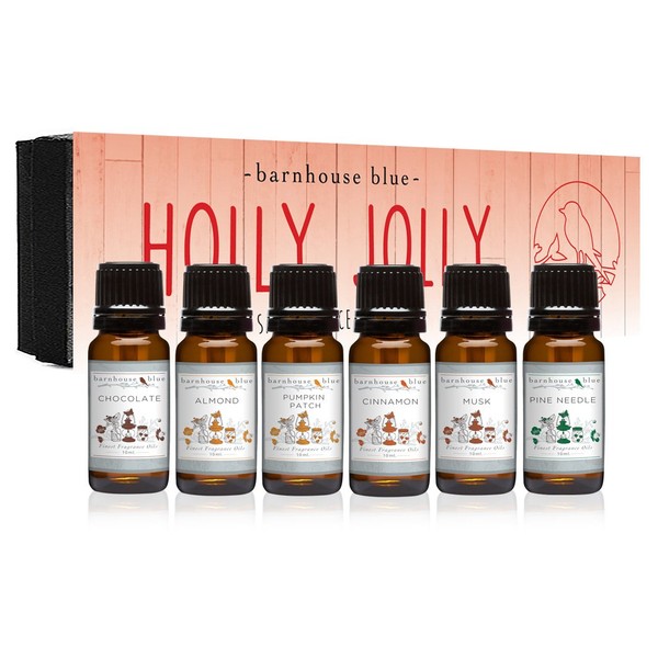 Premium Grade Fragrance Oil - Holly Jolly - Gift Set 6/10ML Bottles - Almond, Chocolate, Cinnamon, Musk, Pine Needle, Pumpkin