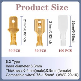 200 PCS Electrical Wire Connector Male Female Spade Connectors Wire Crimp Terminal Block with Insulating Sleeve Kit 6.3mm