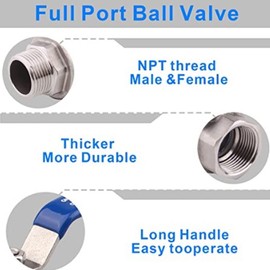 3/8in NPT Shut Off Valve 304 Stainless Steel Full Port Ball Valve, Sealing, Easy Operation, Multi Usage for Water, Seawater, Air, Oil, Steam and Media with Suspended Solid