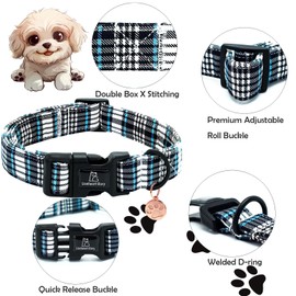 Lionheart glory Dog Collar, Boy Blue Plaid Dog Collars Cute Summer Spring Adjustable Collar for Small Dogs Pet Gift