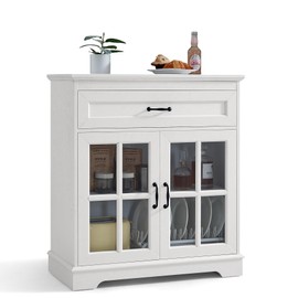 LINSY HOME Coffee Bar Cabinet, Kitchen Storage Cabinet, Buffet Sideboard with Glass Doors, Modern Bathroom Cabinet with Drawer & Shelves, White Entryway Cabinet for Living Room, Home Office