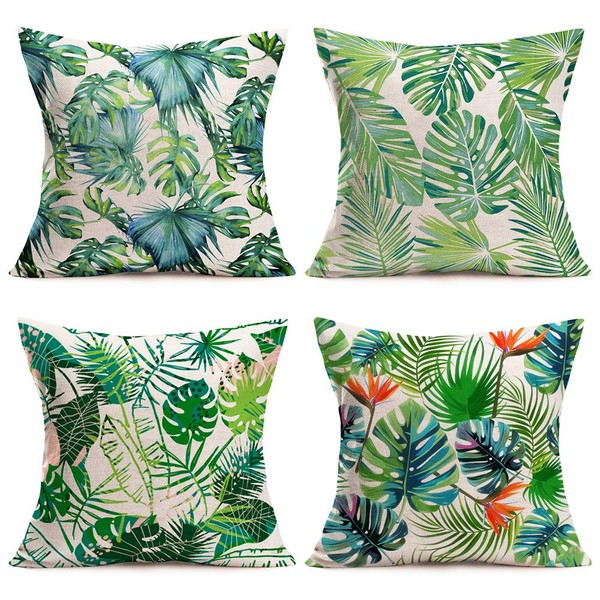 Xihomeli Set of 4 Tropical Rainforest Leaves Throw Pillow Cotton