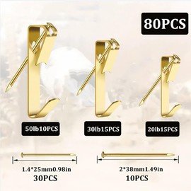 Heavy Duty Picture Hooks, 80Pcs Picture Hanging Hooks for Hard Walls Wood Photo Hooks Picture Hanging Kit, 20lb, 30lb, and 50lb, Picture Photo Frame Hanging Hooks with Nails(Gold)