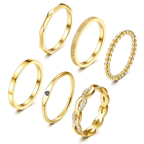 JeryWe 6PCS 14K Gold Filled Stainless Steel Stacking Rings Set