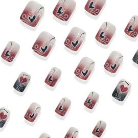 24 Pcs Valentine's Day Press on Nails Short Square Fake Nails with Glitter Designs Romantic Heart Acrylic Nails Full Cover Glossy Stick on Nails Reusable Valentines for Women Girls Nail Accessories