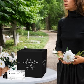 Black Celebration of Life Card Box with Silver Lettering, Share a Memory Funeral Card and 50Pcs Cards for Memorial Service, Memory Box for Sympathy Condolence Messages