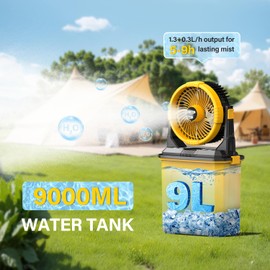 CCGIRU Camping Misting Fan with LED Lantern, 20000mAh Rechargeable Battery Operated Fan with 3 Large Spray Outlets & Hanging Hook, 4 Speeds,Remote Control for Camping, Fishing,Travel-Yellow