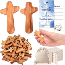 Wenqik 100 Sets Small Olive Wood Hand Crosses 2.5 Inch Pocket Holding Hand Crosses Bulk with Cotton Linen Bags and Prayer Cards Relieve Anxiety Comfort for Prayer Christian Gift Church