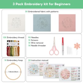Lunyloer Embroidery Stitch Practice Kit, 3 Pack Embroidery Starter Kit, Embroidery Kit Including Cloth with Floral Patterns Colored Threads Needles Hoops and Instructions