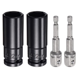 sourcing map 2pcs 1/2" Drive 22mm 6-Point Deep Sockets 3" Length with 2pcs 1/2" to 1/4" Hex Shank Adapters Sandblasted, CR-V Steel Socket Adapter Accessory Set Kit for Hex Bolts Nuts