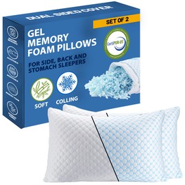Greaton, Gel Memory Foam Sleeping Pillow – Pressure Relief for Neck & Shoulder, Adjustable Height, Cooling Breathable Cover, for Side, Back & Stomach Sleepers, Set of 2, 25" x 15", White