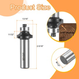 sourcing map Roundover Router Bit 1/2" Shank 3/8" Cut Diameter (3/16" Cut Radius) Carbide Tipped 2-Flute Rounding Over Bits with Bearing Guide for Woodworking Carpenter, Black