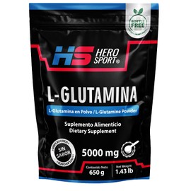 Hero Sport Glutamina Micronizada 650g. 5g Por Porción, 130 Porciones por Envase, mas de 4 meses de consumo, Sin Sabor, Solubilidad Instantánea, Incluye Cuchara Medidora, Bottle Free.