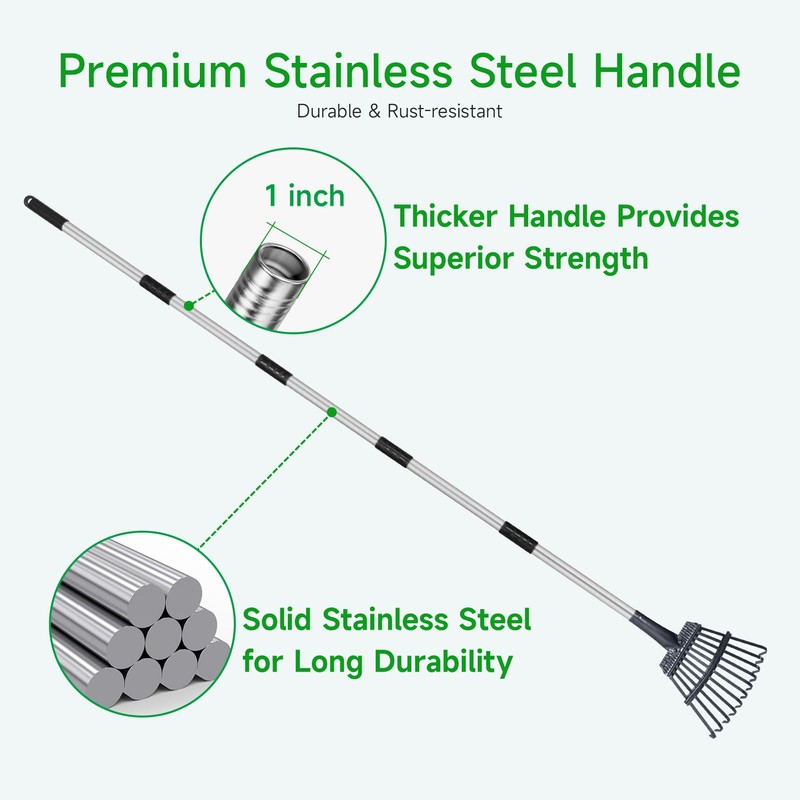 GreatBuddy Adjustable Leaf Rake, 8'' Wide Metal Rake, Perfect for