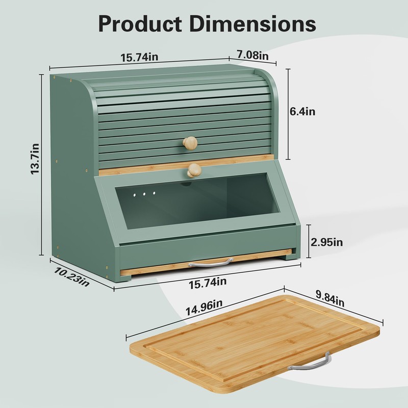 HOLTICO Roll Top Bamboo Bread Box with Cutting Board for