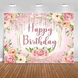 Sensfun Pink Floral Birthday Backdrop Banner Women Rose Gold Birthday Decorations Pink Gold Glitter Flower Bday Photography Background for Girl Kid Happy Birthday Party Supplies Photo Booth Prop 7x5ft
