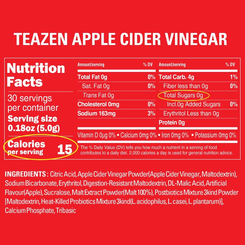 TEAZEN Apple Cider Vinegar Powder, 1500mg ACV, Sugar-Free, Low Calorie,