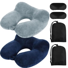 2 Pack Inflatable Travel Pillow, Portable Neck Pillow Support for Sleeping with Compact Bag and Blindfold, Soft Velvet Airplane Pillow for Traveling, Car, Train, Office(Peacock Green, Blue)