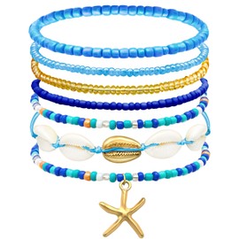 Skyfun Summer Beach Bracelets for Women Bohemian Stackable Heishi Surfer Bracelet Set Elastic Seashell Starfish Boho Blue Friendship Bracelets for Summer Beach Party Holiday Vacation Jewelry Gift, Starfish-7PCS Blue