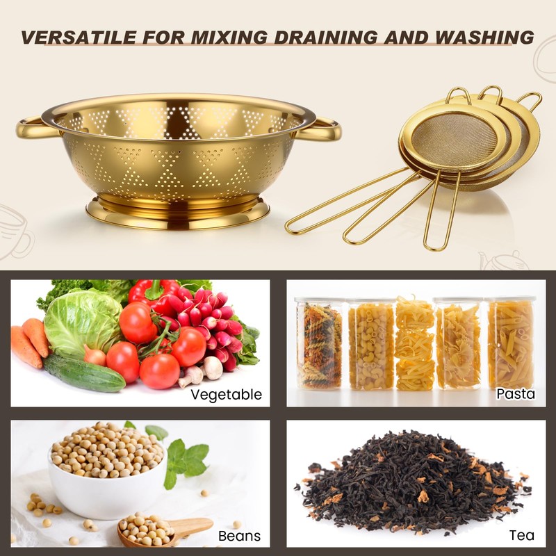 Acellegic 4 Pcs Gold Kitchen Accessories Includes Stainless Steel Colander