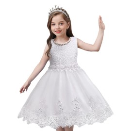 DreamHigh Flower Girl's Floral-Embroidered Pearl Embellished Evening Dress Up White - 4Y