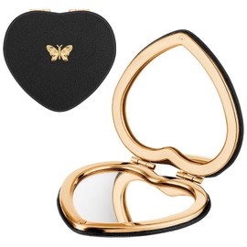 Qianyu Compact Folding Mirror Heart Shaped Double-Sided 1X/2X Magnifying Mirror Cute Mini Glitter Makeup Mirror with PU Leather Ultra-Portable Cosmetic Mirror for Women Home Offic and Travel (Black)