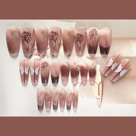 Press on Nails Medium short，Butterfly art nail, Shiny 3D nails, Artificial gloss glue nail plate. (Long style light red butterfly, L)