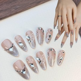 Duotaoii Almond Press On Nails Medium Fake Nails Handmade False Nails Silver Glitter Powder Butterfly Nail Charms,Pink Acrylic Nail Kit Gel Nails,Reusable Stick on Nails for Women 10pcs S