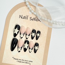 BQZQPAMZ Press on Nails Pointed Black, White Star Almond Shape Fake Nails Medium Length Stick on Nails Full Coverage Acrylic Artificial Fingernails for Women Manicure