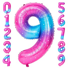 40 Inch Large Starry Sky Number Balloons, Giant Jumbo Helium Foil Mylar Big Gradient Colorful Number 9 Digital Night Balloons for Birthday Party Anniversary Wedding Decorations