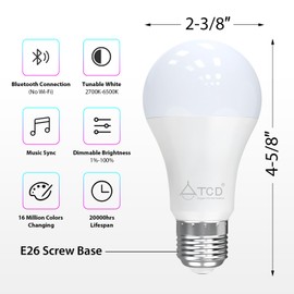 ATCD Smart Light Bulbs Dimmable, 9W E26 LED Smart Bulb Music Sync RGB Color Changing 2700-6500K Tunable White, RGBCW Bluetooth Light Bulb with App Control for Party Home 60W Equivalent 1 Pack