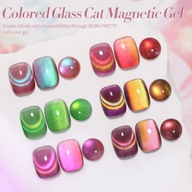 BORN PRETTY Cat Magnetic Eye Gel Nail Polish Rainbow Aurora Cat Magnetic Gel Polish Pink Green Blue Yellow Glitter Holographic Cat Magnetic Eye Gel Manicure Nail Art DIY, Firefly Aurora Series 6PCS