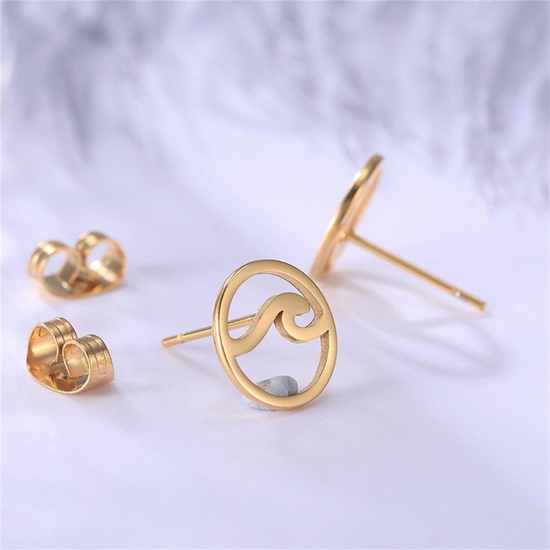 Round Small Sea Wave Stud Earrings for Women (Gold-Toned B)