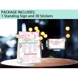 What's Your Donut Name Game - Sweet Donut Birthday Party Games for Girls - Family School Classroom Activity - 1 Standing Sign and 30 Stickers - Kids Doughnut Party Supplies Decorations(06)