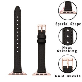 SUNFWR Compatible with Watch Strap 42 mm 44 mm 45 mm 49 mm, Genuine Replacement Leather Strap, Slim and Lightweight Strap for iWatch Series Ultra/8/7/6/5/4/3/2/1, SE (Black and Rose Gold)