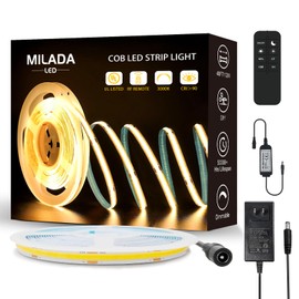 MILADALED COB LED Strip Light 40FT/12M 3000K Warm White High Lumen Dimmable Strip Paired with RF Remote 24V UL Certified Adapter Suitable for Bedroom Cabinets