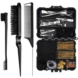 Teenyyou 160 Pcs Hair Pins Kit Dance Stuff Cosmetology Kit with Slick Back Hair Brush Set and Storage Box, Hair Accessories Kit with Edge Bristle Brush Rat Tail Comb for Women Dance Cheerleading