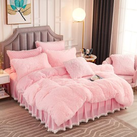 JAUXIO Luxury Long Faux Fur 2 PCS Bedding Set Shaggy Comforter Duvet Cover with Pillow Sham Ultra Soft Crystal Velvet Reverse (Twin, Pink)