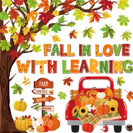 89pcs Fall in Love with Learning Bulletin Board Decorations Set Fall Tree Pumpkin Maple Leaves Cutouts with Glue Points for Thanksgiving Autumn Home School Classroom Wall Chalkboard Decor