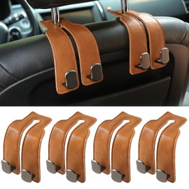 KINICA 4 Pack Car Seat Hooks for Headrest, PU Leather Purse Hook Holder - Double Hook Design for Bags, Phones, Groceries, Car Back Seat Storage Accessories (06-Brown 4 Pcs)