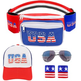7Pcs Patriotic Fanny Pack Beverage Beer Belt Bag Set USA Wristband Drink Holder American Flag Hat Headband Sunglasses