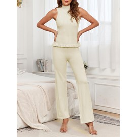 Famulily Lounge Sets for Women UK Knitted Outfits Casual Solid Color Ribbed Tank Top and Flare Pants Beige XL