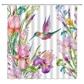 JONSEQIN Hummingbird Floral Shower Curtain Rustic Flower Farmhouse Animals Watercolor with Spring Wildflower Plants Green Leaves Bathroom Decor Curtains with Hooks