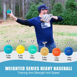 SunNordic 6/9 Pack Seams Plyometric Weighted Baseball Set (3.5-16/35/53/70 oz) - Variable Weight Plyo Baseballs for Improved Power & Pitching Training - for All Skill Levels