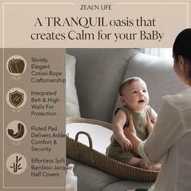 Seagrass Moses Basket by ZEAL'N LIFE, Moses Baskets for Newborn, Baby Changing Basket with Baby Towel, Washable Waterproof Pad Covers & Diaper Caddy