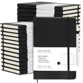 Coopay 24 Pack A5 Journal Notebook with 24 White Pens Bulk Classic Ruled Hardcover Leather Journal Set with Pen Holder for Men Women Writing Office Home School Business, 100GSM, 8.3” x 5.5” (Black)