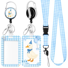 Silly Goose Lanyards for ID Badges Blue Gingham Funny Farm Animal with Bow Breakaway Lanyard with ID Holder Retractable Reel Clip Back to School Supplies for Kids Students Teachers Nurse Office Worker
