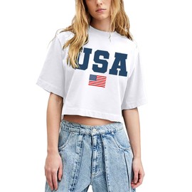 American Flag Crop Tops Women USA Crop Shirt Patriotic 4th of July Tee Memorial Day Tshirt Girls Crop Tops